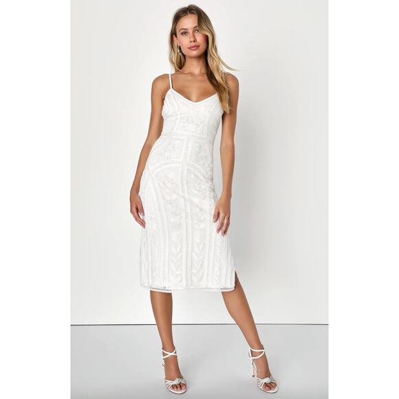 Lulu's Dresses & Skirts - Lulus Alluring Interest White Sequin Embroidered Sleeveless Midi Dress Small NWT